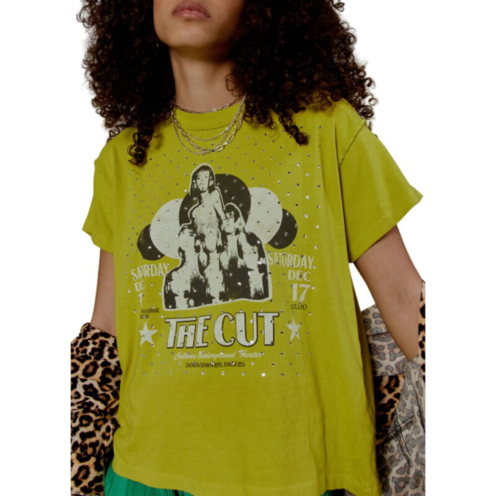 NWT DAYDREAMER The Cut Rhinestones Reverse GF Tee in Sour Apple Green